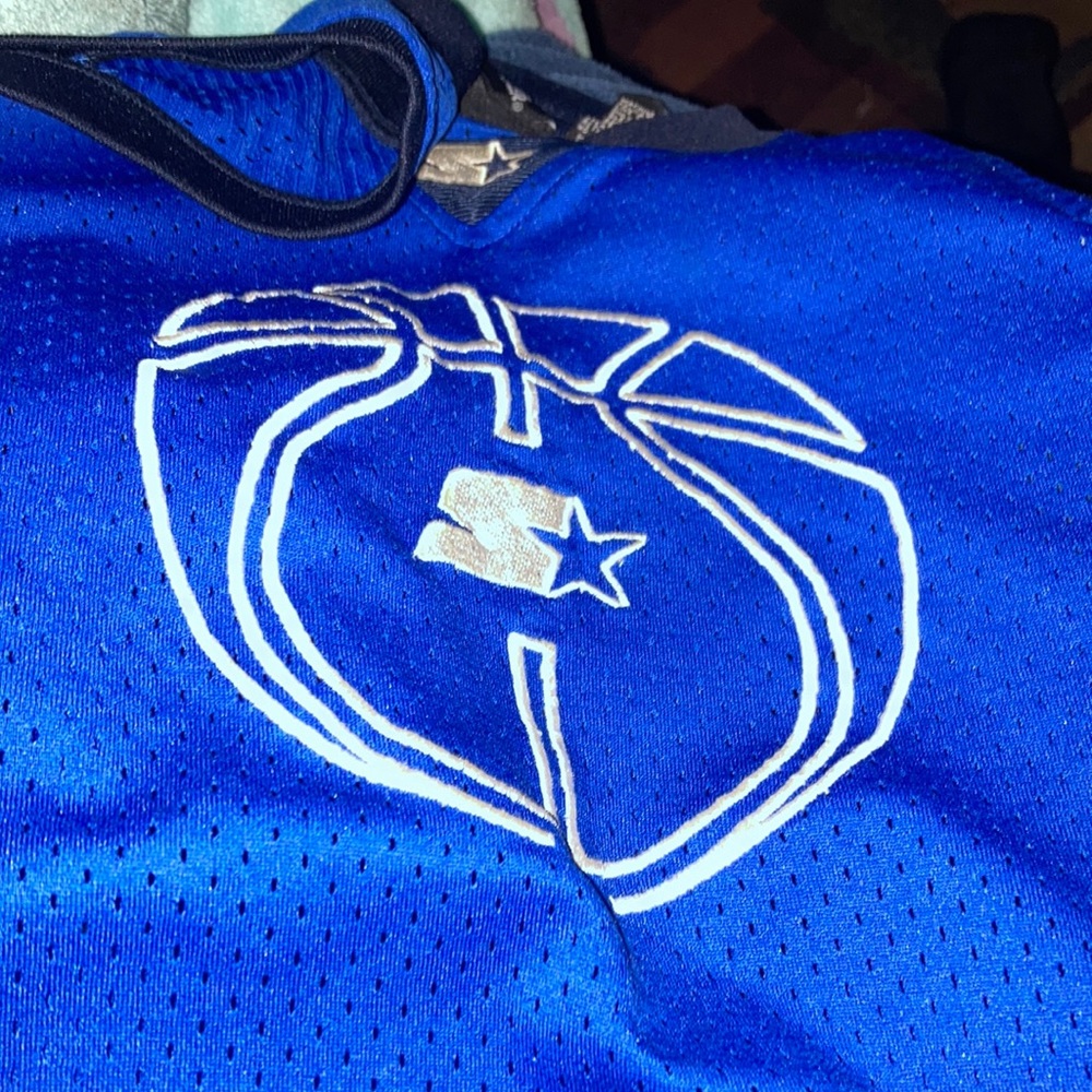 Black,white, and blue jersey.